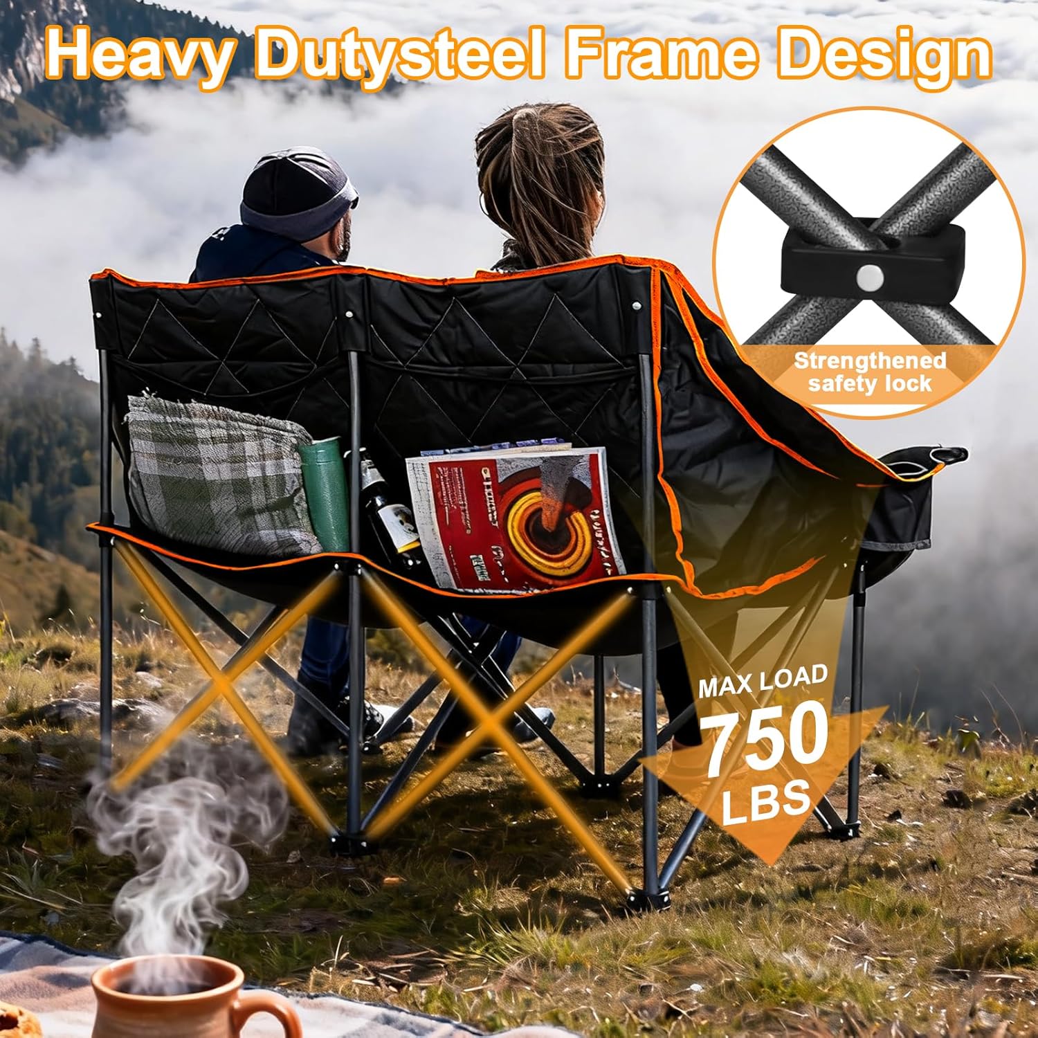 Romswi Double Camping Chair,2 Person Camping Chair Oversized Folding Loveseat,Heavy Duty Camping Couch & Outdoor Sofa with Cup Holders,Supports 750LBS Orange