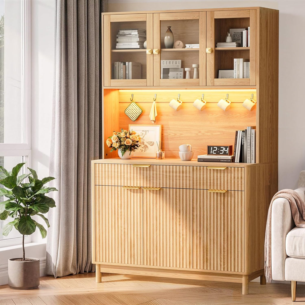 71'' Fluted Kitchen Pantry Cabinet with Power Outlet & LED Light, Food Kitchen Hutch with Countertop, Wood Pantry Storage Cabinet with a Drawer & Shelves for Living Room, Dining Room, Natural