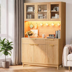 71'' Fluted Kitchen Pantry Cabinet with Power Outlet & LED Light, Food Kitchen Hutch with Countertop, Wood Pantry Storage Cabinet with a Drawer & Shelves for Living Room, Dining Room, Natural