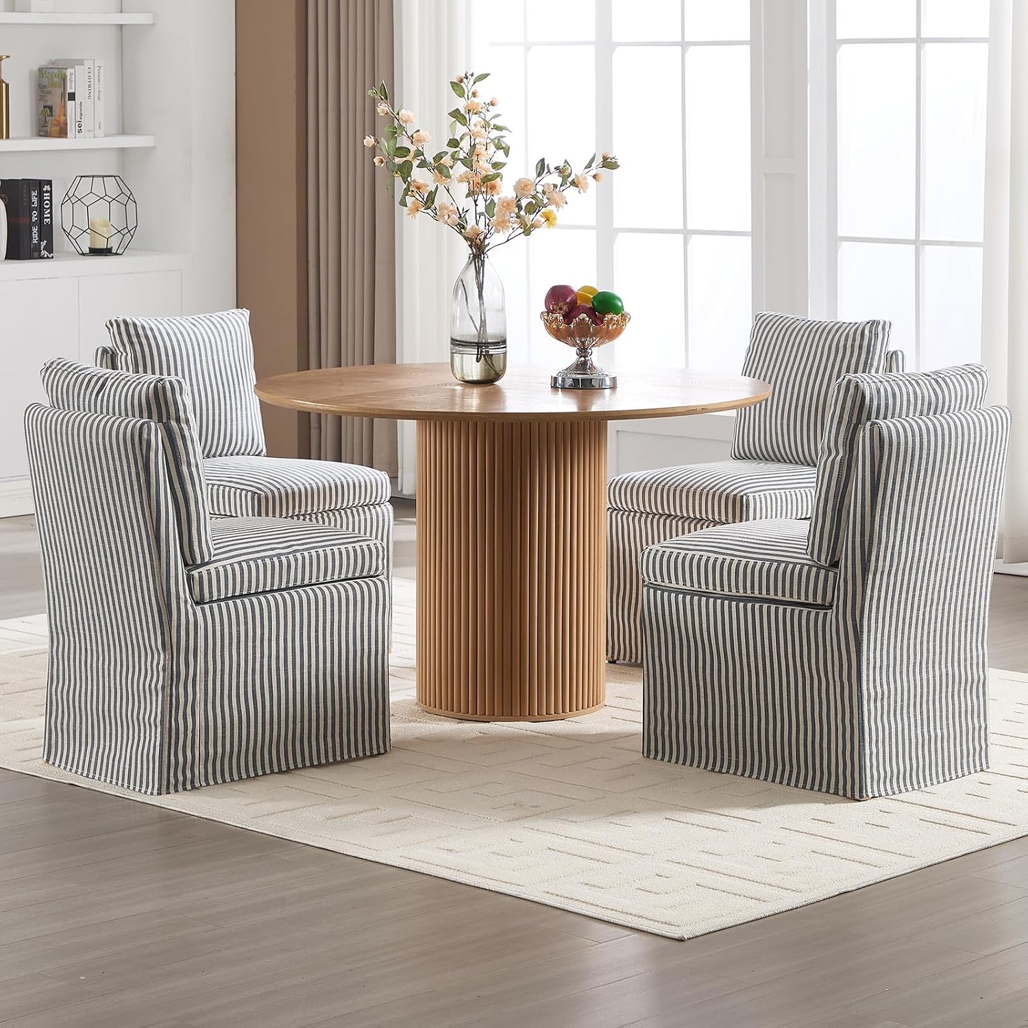 Slipcovered Dining Chairs Set of 2, Farmhouse Upholstered Dining Chair with Solid Wood Legs, Soft Padded Armless Side Chair for Dining/Living/Reading Room, Banquet, Blue Stripe