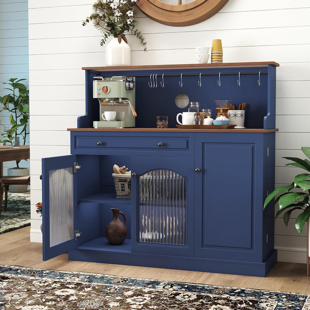 Kitchen Pantry Cabinet with Drawer Storage, 48” Modern Farmhosue Kitchen Hutch with Glass Doors, Blue Storage Cabinet with Countertop and Adjustable Shelves for Dining Room, Living Room