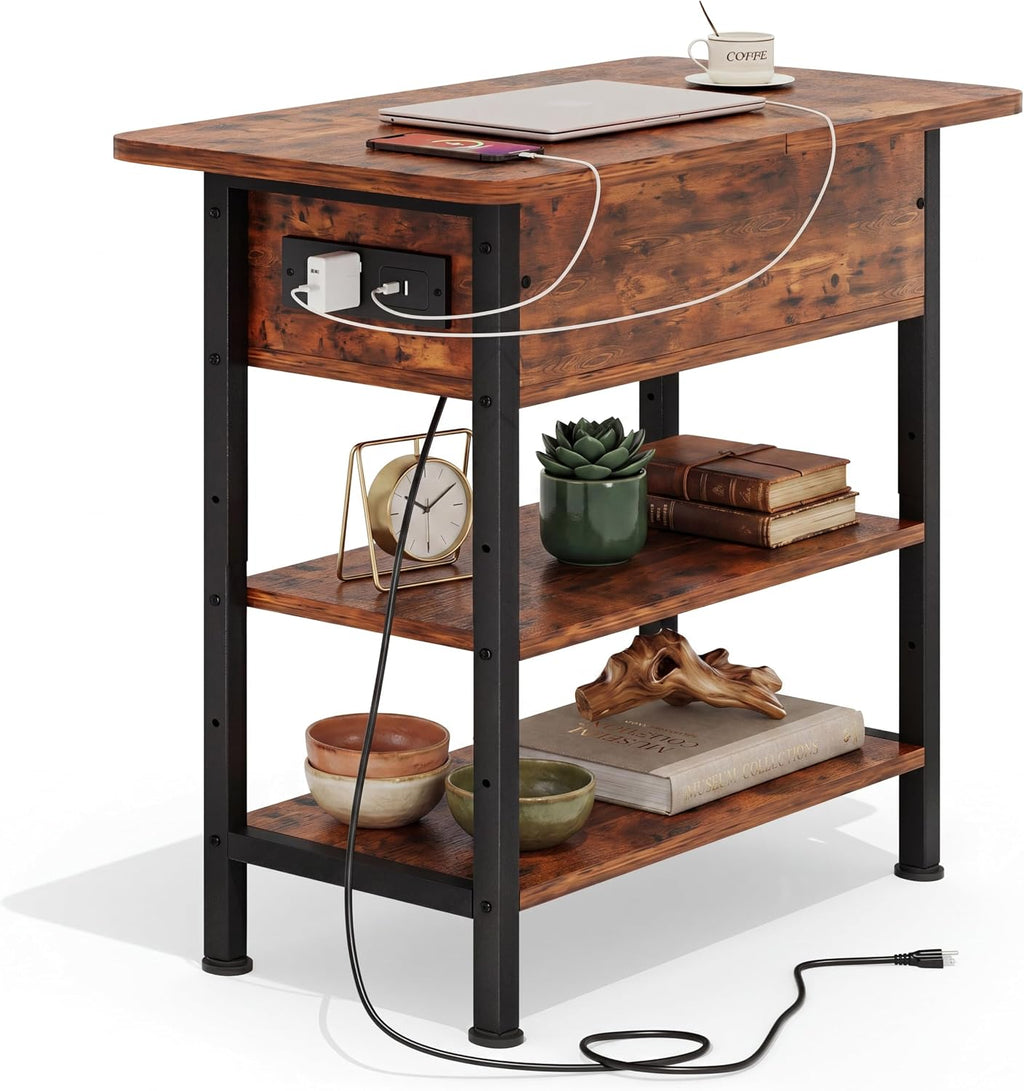 GRUSIGN End Table with Charging Station, Flip Top Side Table with USB Ports and Outlets, 3-Tier Small Side Table with Storage for Small Space, End Tables for Living Room/Bedroom, Rustic Brown