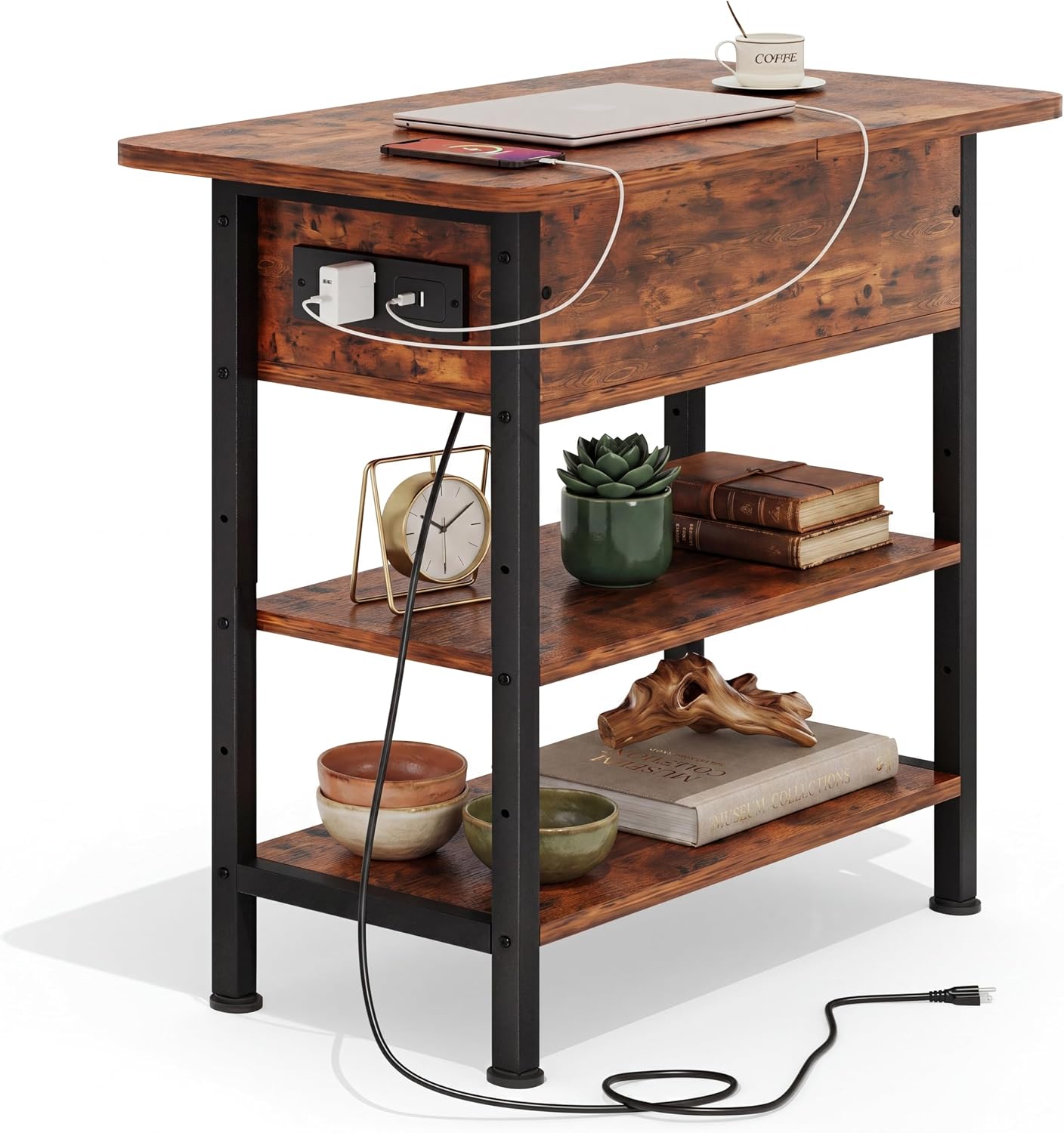 GRUSIGN End Table with Charging Station, Flip Top Side Table with USB Ports and Outlets, 3-Tier Small Side Table with Storage for Small Space, End Tables for Living Room/Bedroom, Rustic Brown