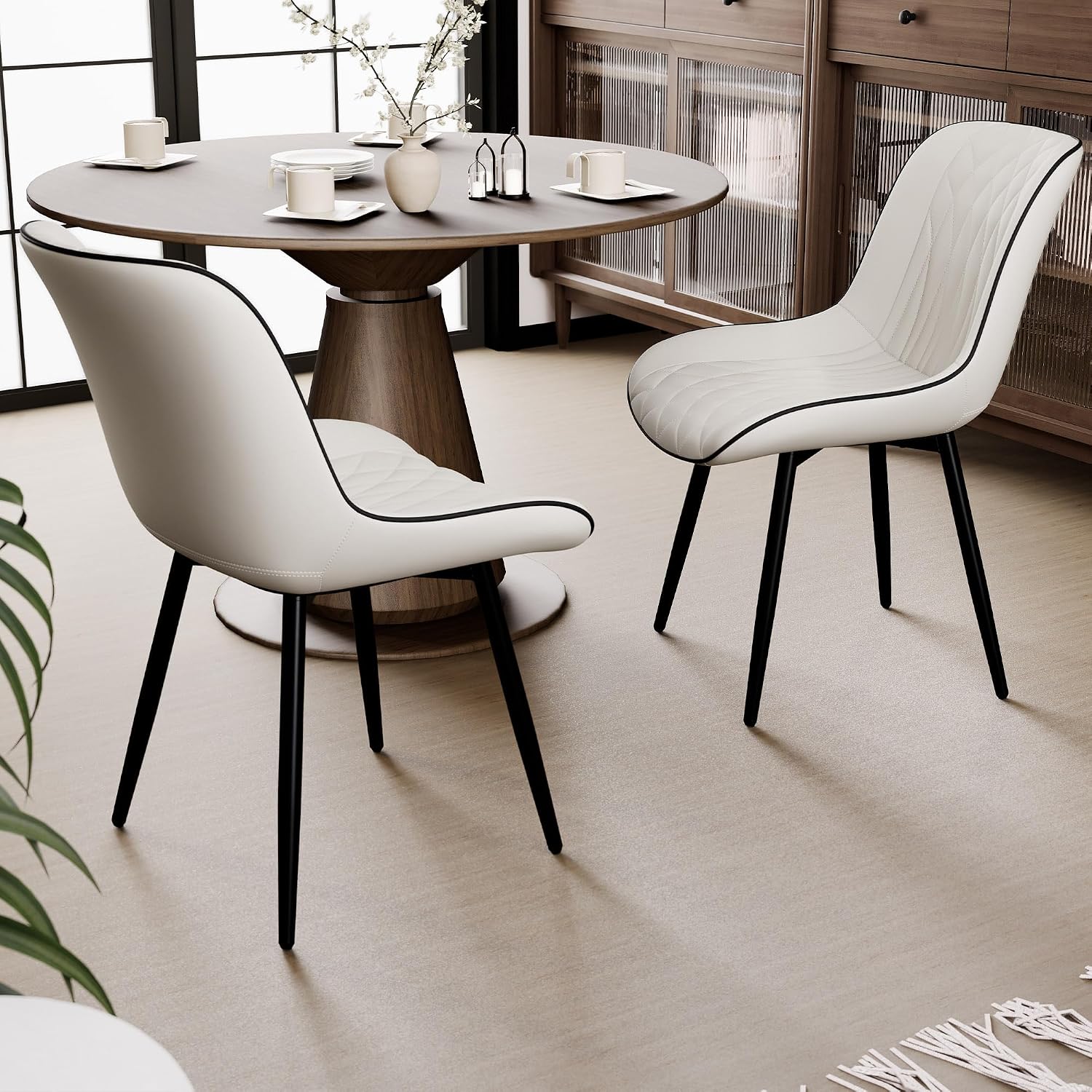 Rowill Dining Chairs Set of 2 Modern Faux Leather Kitchen Chairs with Thickened Metal Frame, Scratch-Resistant Upholstery,Widened Seat & Adjustable Anti-Slip Pads, Cushioned Backrest for Kitchen,White