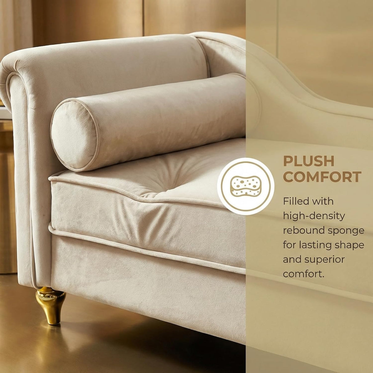60.6''Velvet Chaise Lounge Indoor, Modern Velvet Lounge Chair with Left Armrest & Lumbar Pillow,Button Tufted Lounge Sofa with Storage for Bedroom, Living Room and Office，Beige