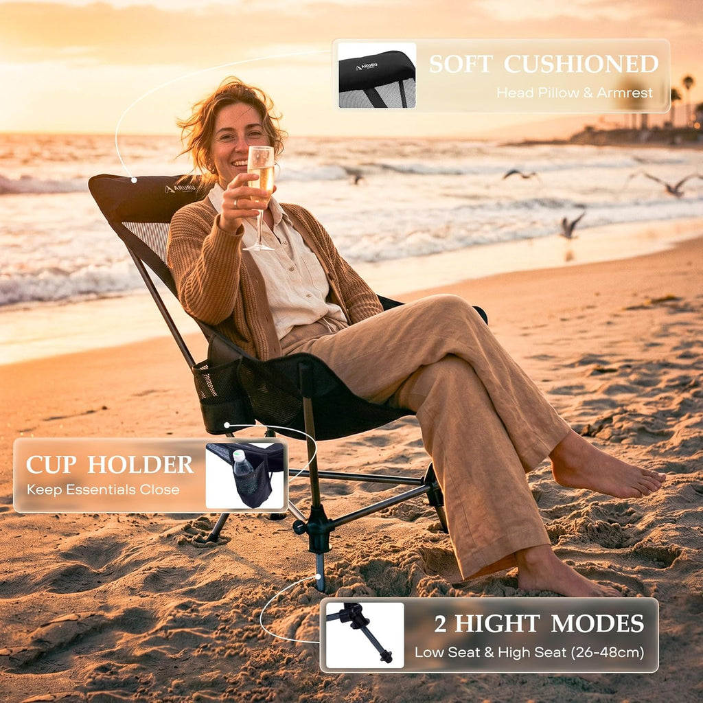 Hammock Camping Chair, Lightweight Folding Beach Lounge Chair with Adjustable Height Legs, Mesh Portable Swing Camp Chair with Cushioned Head Pillow & Armrests for Camping Beach Hiking