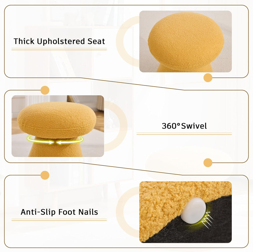 FOXHUNTER Mushroom Ottoman Foot Rest Pouf Ottoman with 360° Rotation, Footstool for Makeup Room Living Room Bedroom Entrance(Yellow, Teddy)