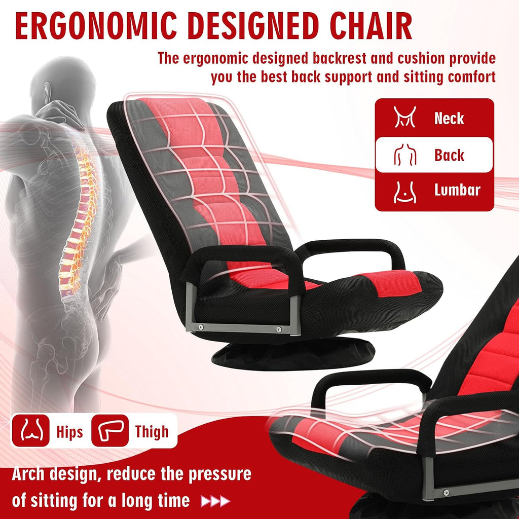Swivel Floor Gaming Chair w/Armrests,Folding Video Reclining Sofa w/6 Adjustable Position, Padded Backrest & Cushion, Lazy Lounger Couch for E-Sports, Reading, Relaxing, Watching TV, Red