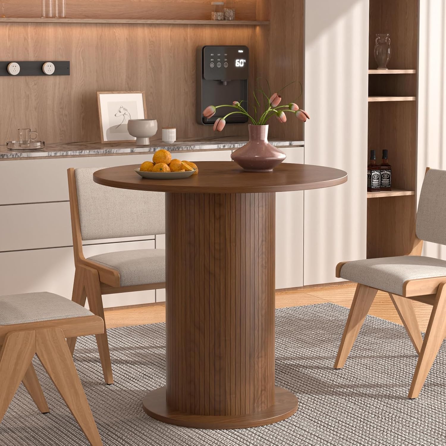 31.5 inch Round Dining Table for 2, Modern Farmhouse Kitchen Table | Small Circle Dining Tables with Wood Strip Base for Kitchen Living Room