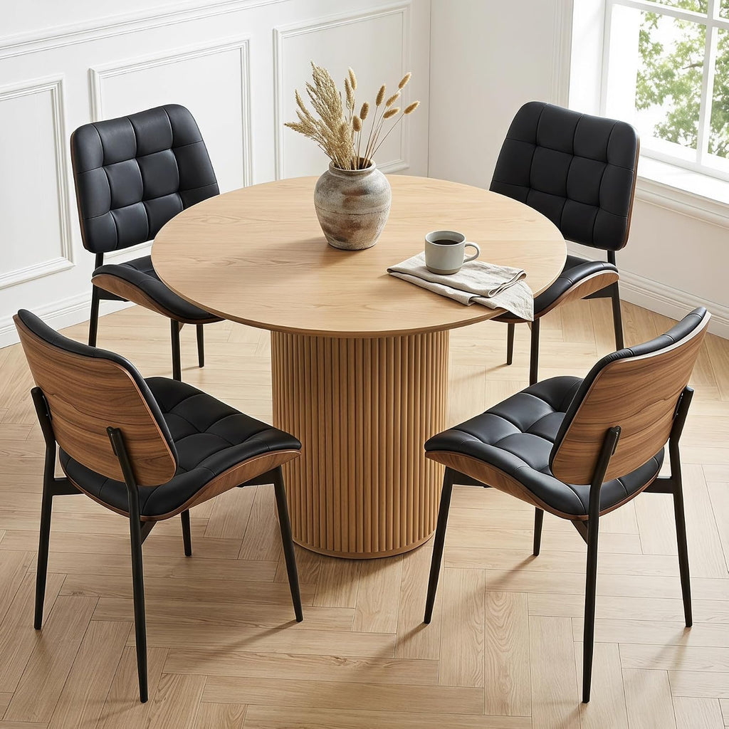Upholstered Dining Chairs Set of 6, Mid Century Modern Faux Leather Dining Chairs with Walnut Bentwood Back and Metal Legs for Dining Room, Restaurant, Café, Black