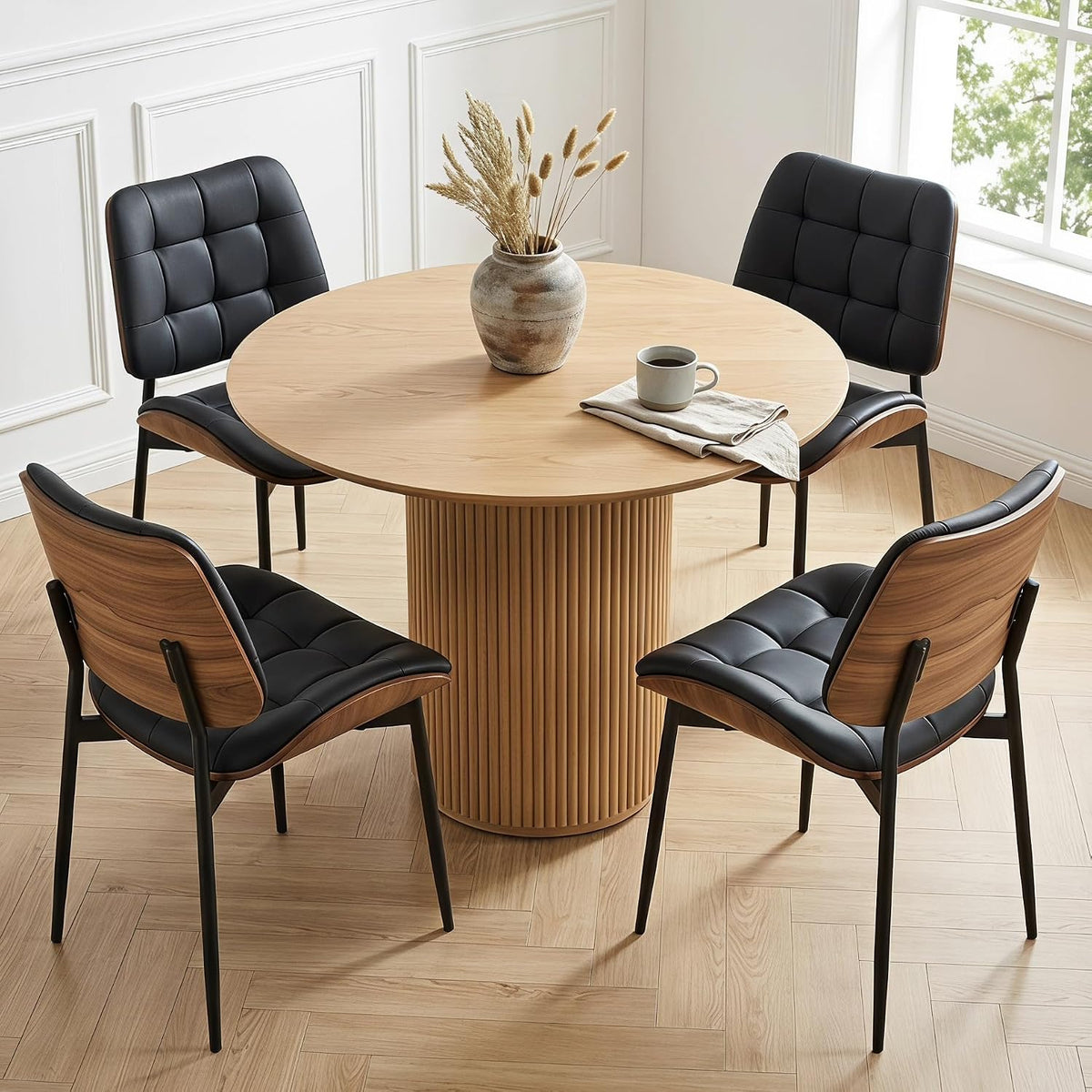Upholstered Dining Chairs Set of 6, Mid Century Modern Faux Leather Dining Chairs with Walnut Bentwood Back and Metal Legs for Dining Room, Restaurant, Café, Black