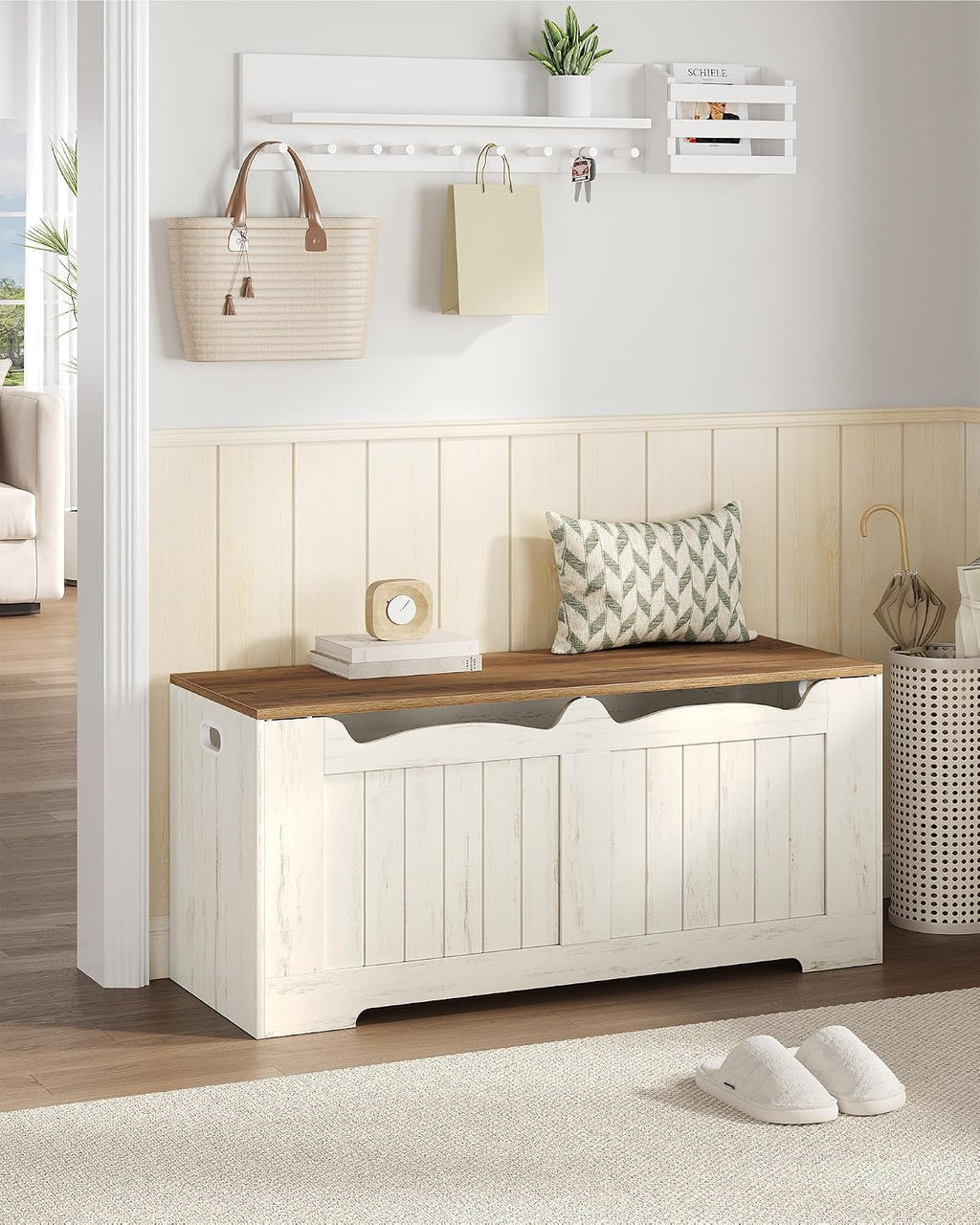 Hzuaneri 43" Farmhouse Storage Chest | 55 Gal | 330lb Seat | Retro White | Soft-Close Hinges | Stuffed Animal and Blanket Storage for Entryway, Bedroom and Living Room | Easy Assembly | SB25514X