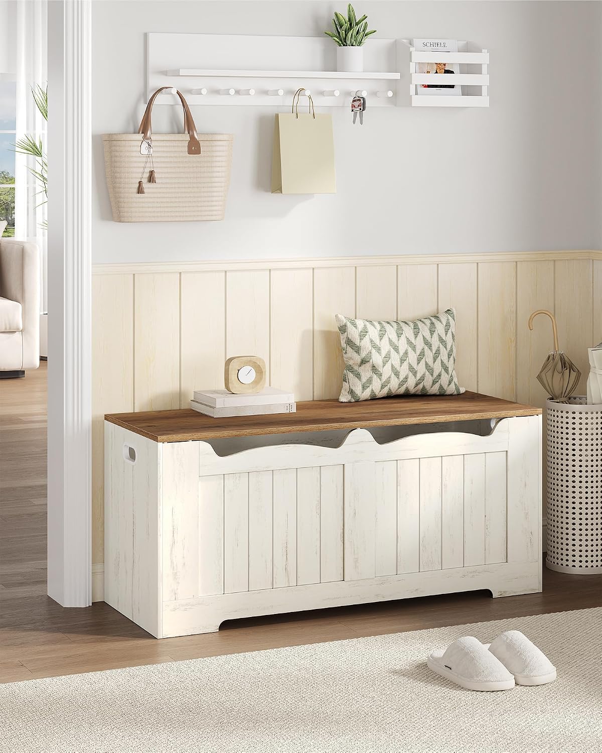 Hzuaneri 43" Farmhouse Storage Chest | 55 Gal | 330lb Seat | Retro White | Soft-Close Hinges | Stuffed Animal and Blanket Storage for Entryway, Bedroom and Living Room | Easy Assembly | SB25514X