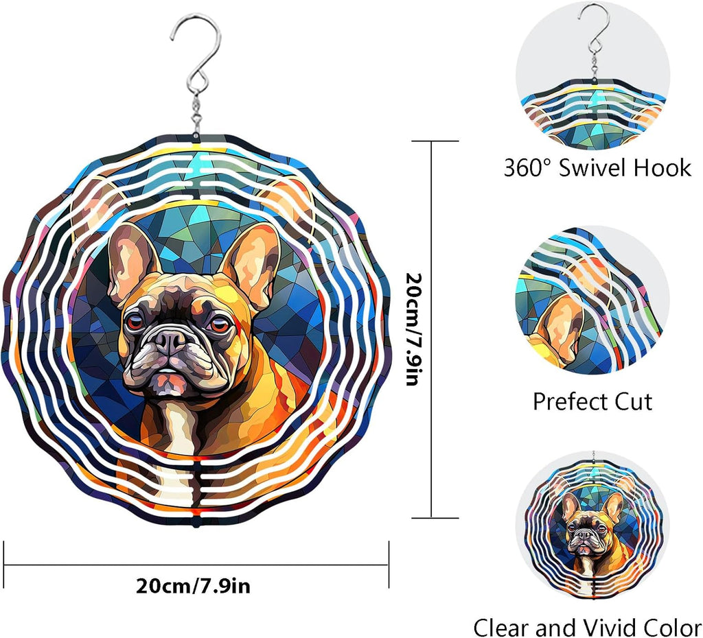 French Bulldog Wind Spinner Pet Dog Memorial Gifts 3D Aluminum Metal Kinetic Hanging Wind Sculpture Spinners for Yard and Garden Indoor Outdoor Window Garden Decoration 8 Inch (French Bulldog 3)