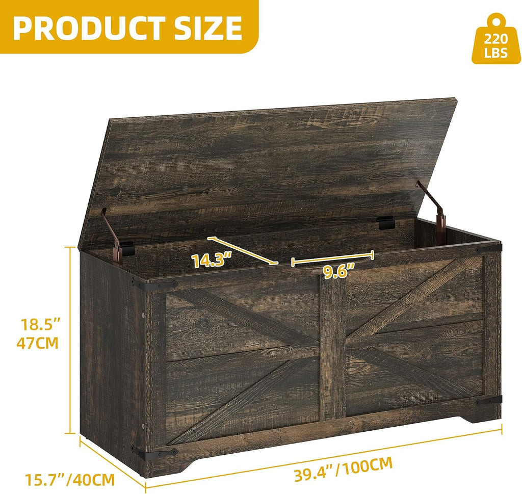 DWVO Wooden Storage Bench, Farmhouse Storage Chest with Safety Hinges, Entryway Shoe Organizer, Multi-Use Storage for Living Room/Bedroom, 39.4" L, Dark Rustic Oak