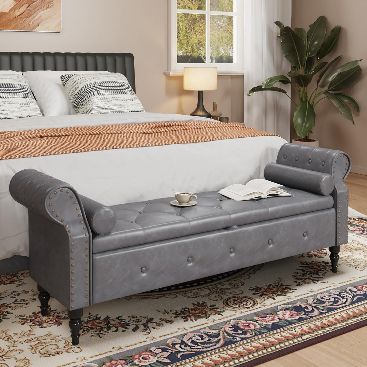 FiveWillowise 65" End of Bed Storage Bedroom Bench with Storage,Faux Leather Storage Ottoman Bench with Rolled Arms and Nailhead Trim for King Size End of Bed,Entryway,Living Room,Grey