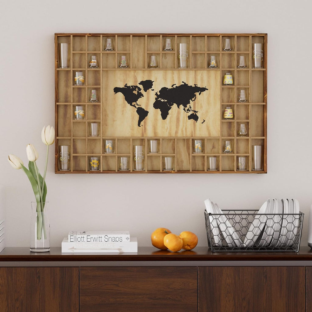68 Large World Map Shot Glass Display Case Rustic Shot Glass Holder 37x 24.4in Brown Wood Shelf for 2 Different Sizes Glasses Shelf Wall Mount Storage Cabinet for Bar Home Kitchen