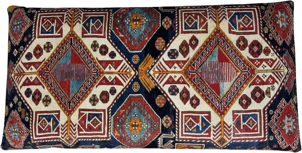 Animal Print Rug Upholstered Ottoman, Boho Piano Bench, Decorative Wood Bench, Farmhouse Bench, Red Blue Entry Bench, Kitchen Dining Bench, Footstool (18x18x36, Red-Blue)