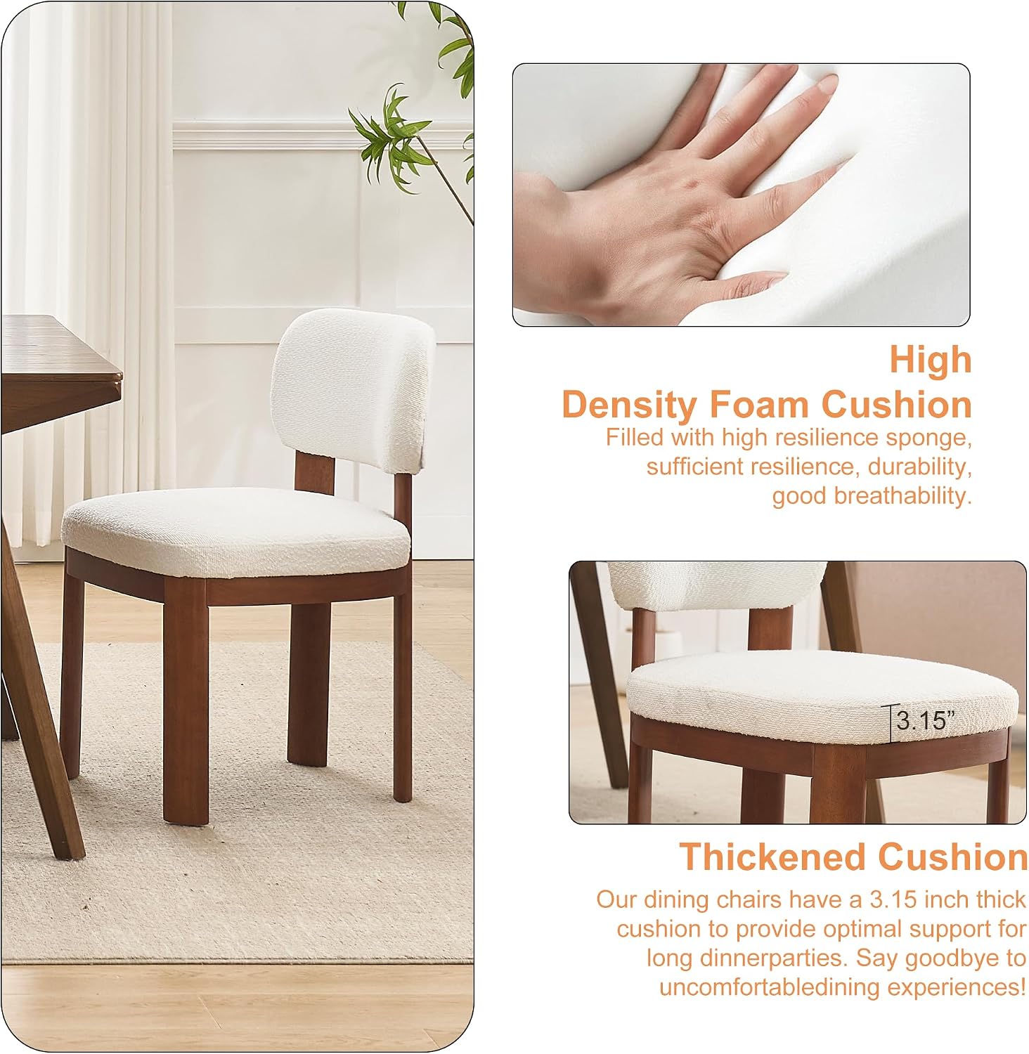 Dining Chairs Set of 2, Teddy Teddy Upholstered Kitchen Chairs with Curved Backrest and Solid Wood Legs, Farmhouse Side Chairs for Restaurant Cafe Living Room (White+Brown Legs)