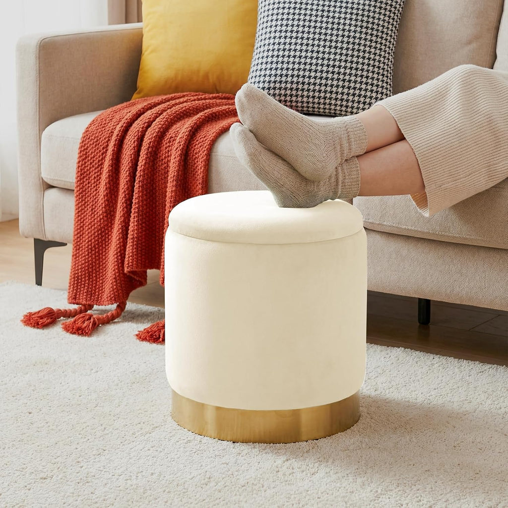 Round Ottoman with Storage Set of 2, Vanity Foot Stool with Storage, Nesting Upholstered Small Ottoman Foot Rest with Gold Plating Base for Room, Bedroom, Dorm, White Velvet Ottomans