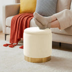 Round Ottoman with Storage Set of 2, Vanity Foot Stool with Storage, Nesting Upholstered Small Ottoman Foot Rest with Gold Plating Base for Room, Bedroom, Dorm, White Velvet Ottomans