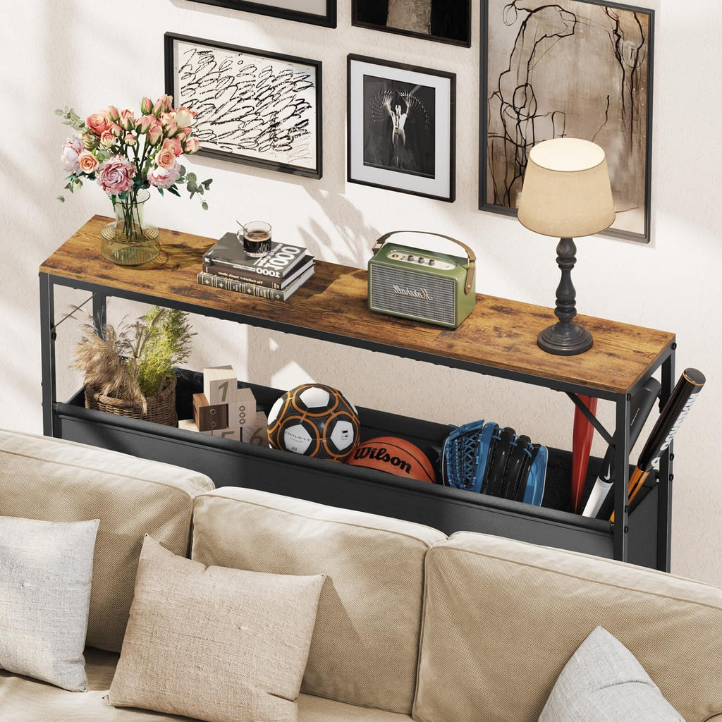 Asgolion Narrow Console Table, 47.2" Long Entryway Table with Storage Basket, Hallway Table, Mordern Industrial Sofa Tables for Living Room, Bedroom, Foyer, Office, Anti-tip Kit, Rustic Brown