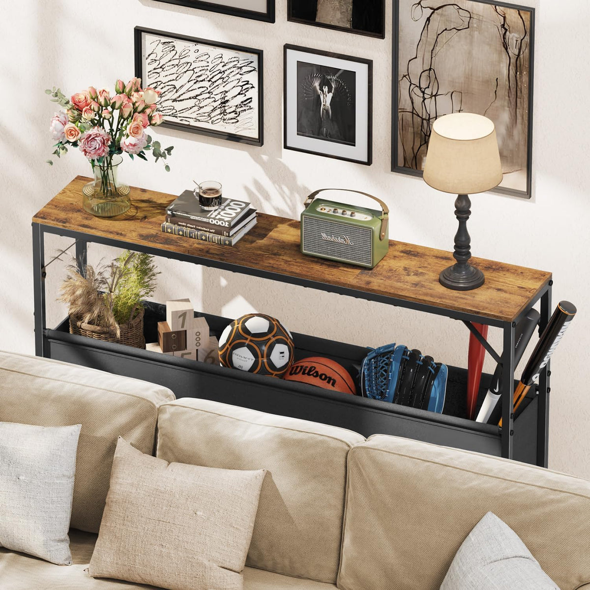 Asgolion Narrow Console Table, 47.2" Long Entryway Table with Storage Basket, Hallway Table, Mordern Industrial Sofa Tables for Living Room, Bedroom, Foyer, Office, Anti-tip Kit, Rustic Brown