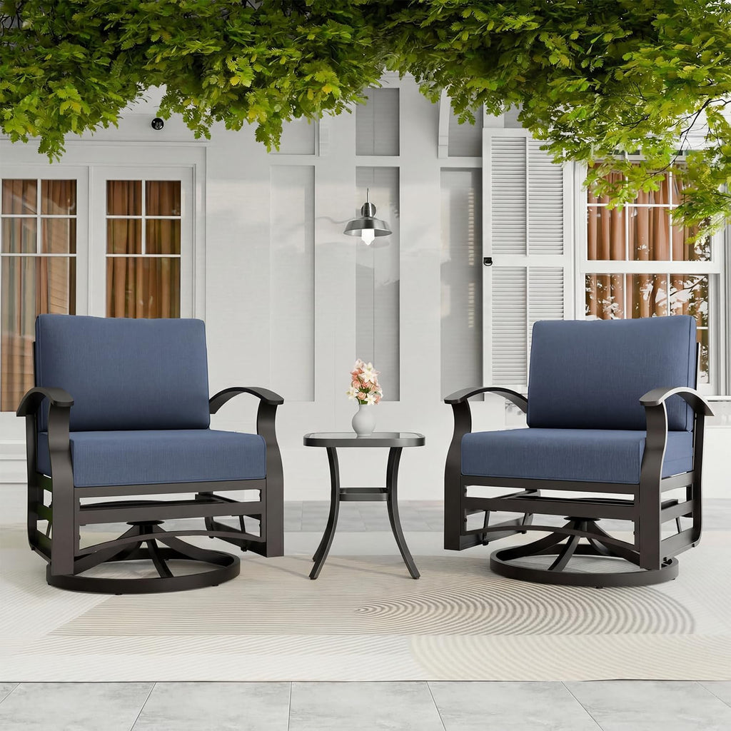 3 Piece Aluminum Swivel Rocking Chair Set, Outdoor Patio Swivel Gliders Chair with Glass Top Coffee Table, Conversation Furniture Set Suitable for Patio, Lawn, Outdoor, Back Garden(Dark Blue)