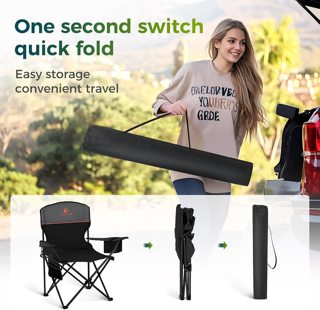 ALPHA CAMP Folding Camping Chair for Adults Lawn Chair for Camping Outdoor | Support 250 LBS Portable Camp Chairs with Cup Holders Cooler Pouch 2 Pack