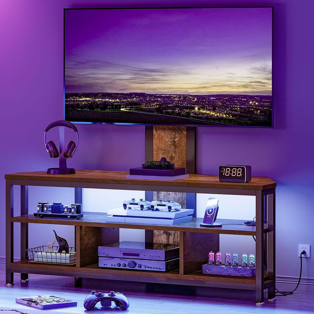 DWVO Corner TV Stand with Mount & LED, Height Adjustable, Rustic Brown | Entertainment Center With Height Adjustable Mount, Led Lights, Power Outlet, Corner Design, Fits 60-70 Inch Tvs, Rustic Style