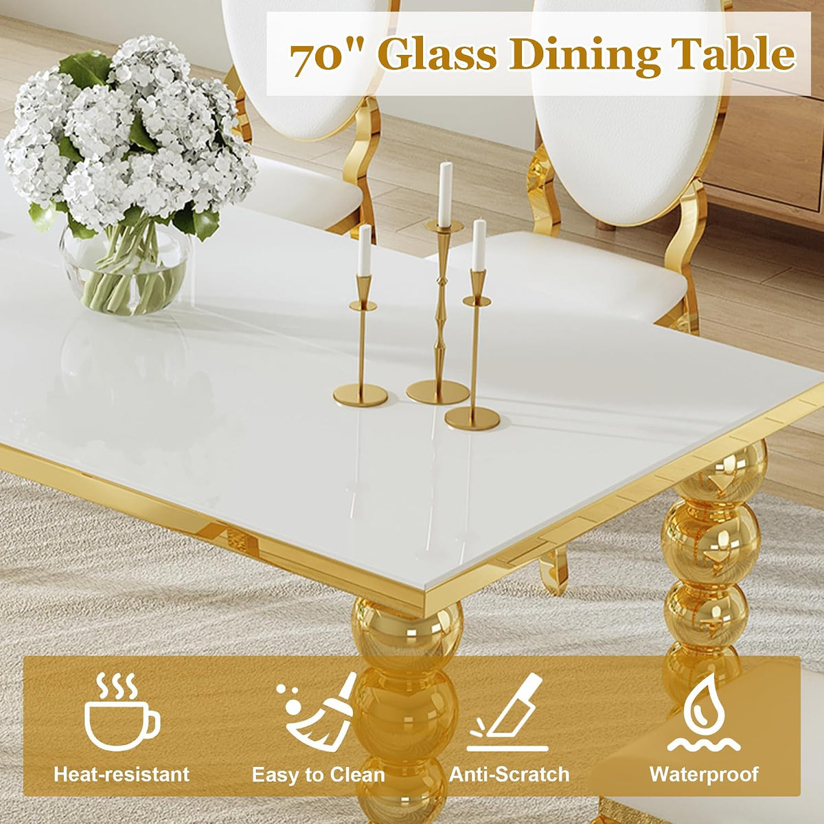 70" Rectangular Glass Dining Table for 6-8, White Tempered Glass Top with Gold Mirrored Stainless Steel Sphere Legs, Modern Luxury Dining Table for Kitchen and Dining Room