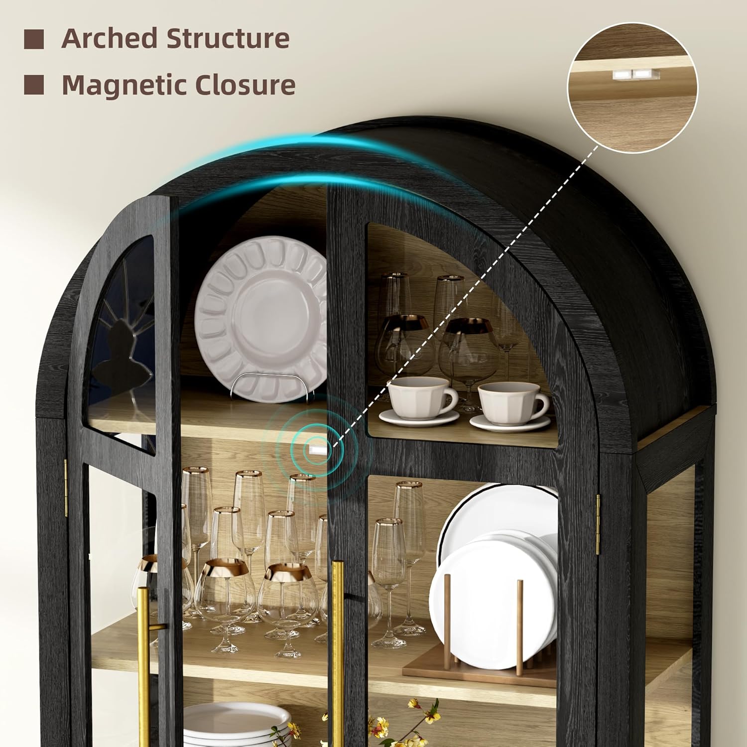 Vlsrka 71" Arched Curio Cabinet with Glass Doors, 4-Shelves Display Cabinet and 2 Drawers, Display Case with 3 Color Lights, Tall Bookcase, Kitchen Pantry, Black+Wood