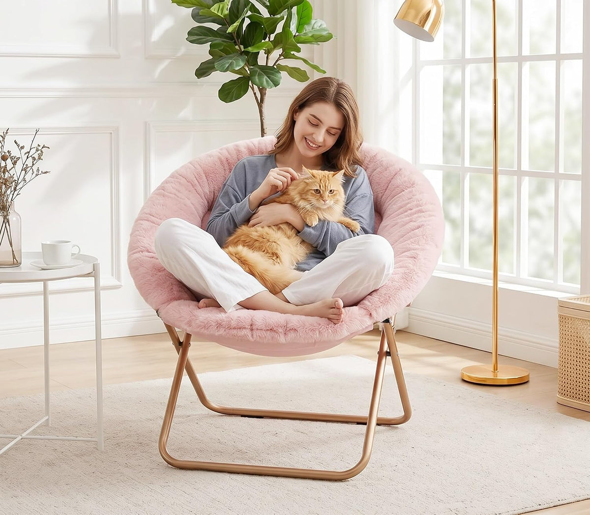 Cozy Saucer Chair, Padded Round Moon Lounge Chair for Bedroom Living Room | Thick Padded Cushion, Curved Relaxing Shape and Easy Folding Frame for Lounging, Reading and Dorm