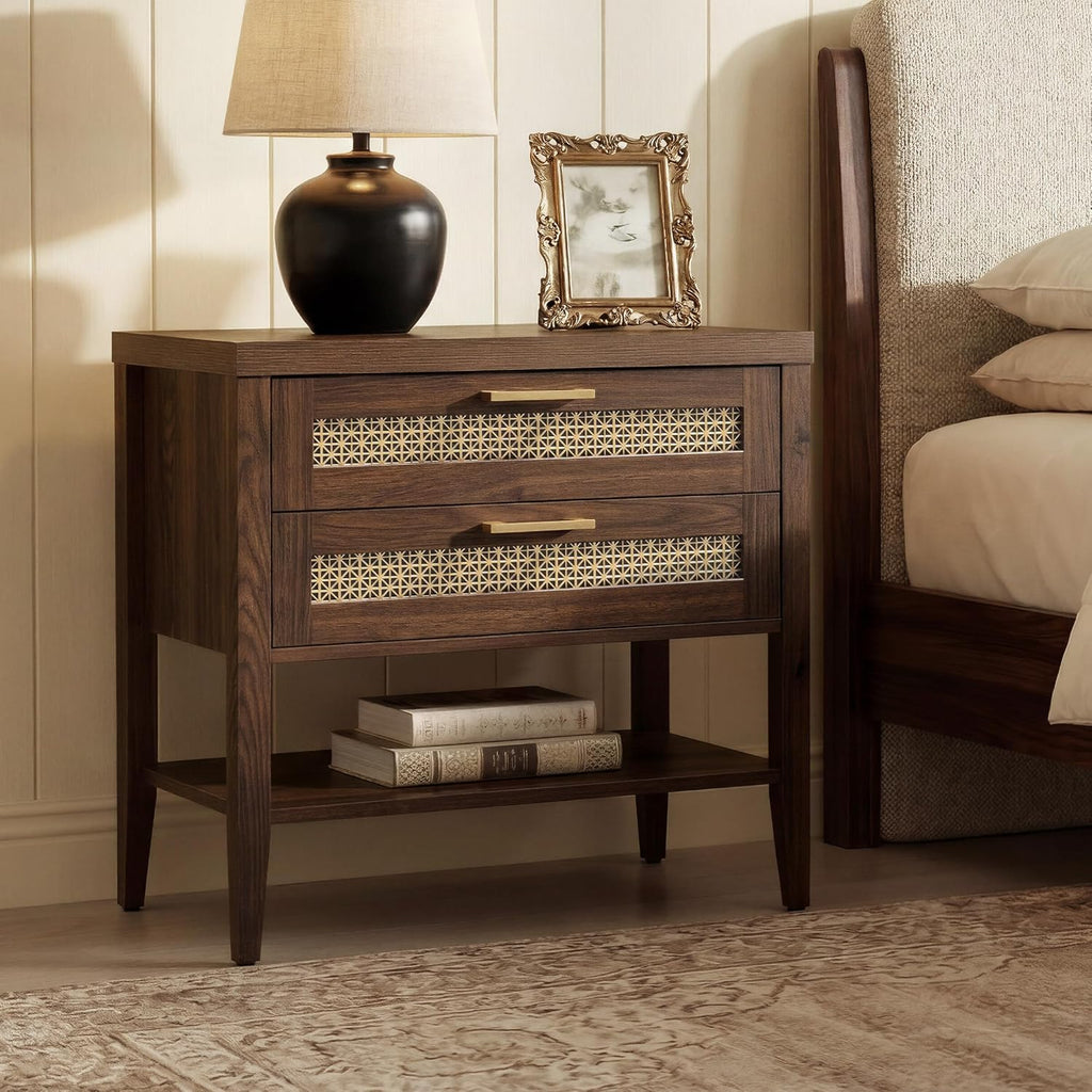 SICOTAS Night Stand Set 2,Rustic Nightstand Set of 2 with Drawer and Shelf | Large Bedside Table for Bedroom, Mid Century Modern Nightstand, 25.7" Tall Side End Table, Espresso Walnut, 2 Pieces