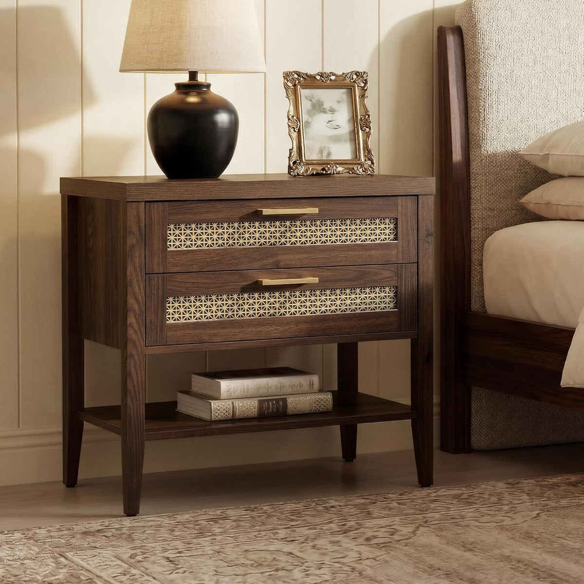 SICOTAS Night Stand Set 2,Rustic Nightstand Set of 2 with Drawer and Shelf | Large Bedside Table for Bedroom, Mid Century Modern Nightstand, 25.7" Tall Side End Table, Espresso Walnut, 2 Pieces