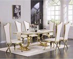 ACEDÉCOR 7 Piece Dining Table Set, Luxury White and Gold Kitchen and Dining Room Set for 6, Metal Circling Base Dining Table Set with White Leather Upholstered Dining Chairs