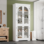 Garvee 70" Tall Kitchen Pantry Cabinet - Modern Display Cabinet with 4 Arched Glass Doors and Adjustable Shelves, Versatile Cupboard Organizers for Kitchen, Dining Room, Living Room, Bathroom, White