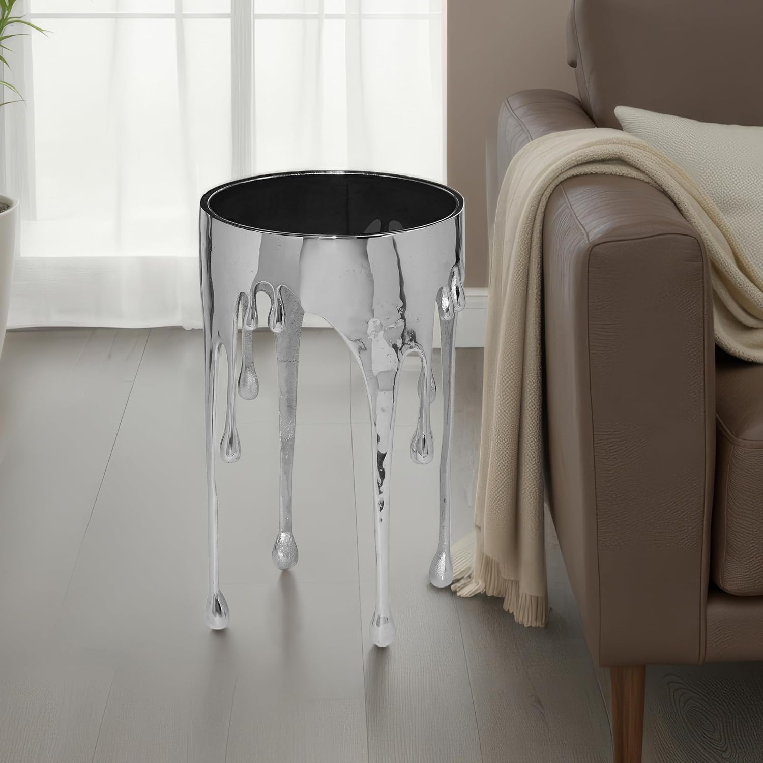 TUP THE URBAN PORT Capri Side End Table, 24.75 Inch Round Glass Top, Silver Finish, Melting Drip Design Base, Modern Glam Accent Table for Living Room, Bedroom and Home Decor Display