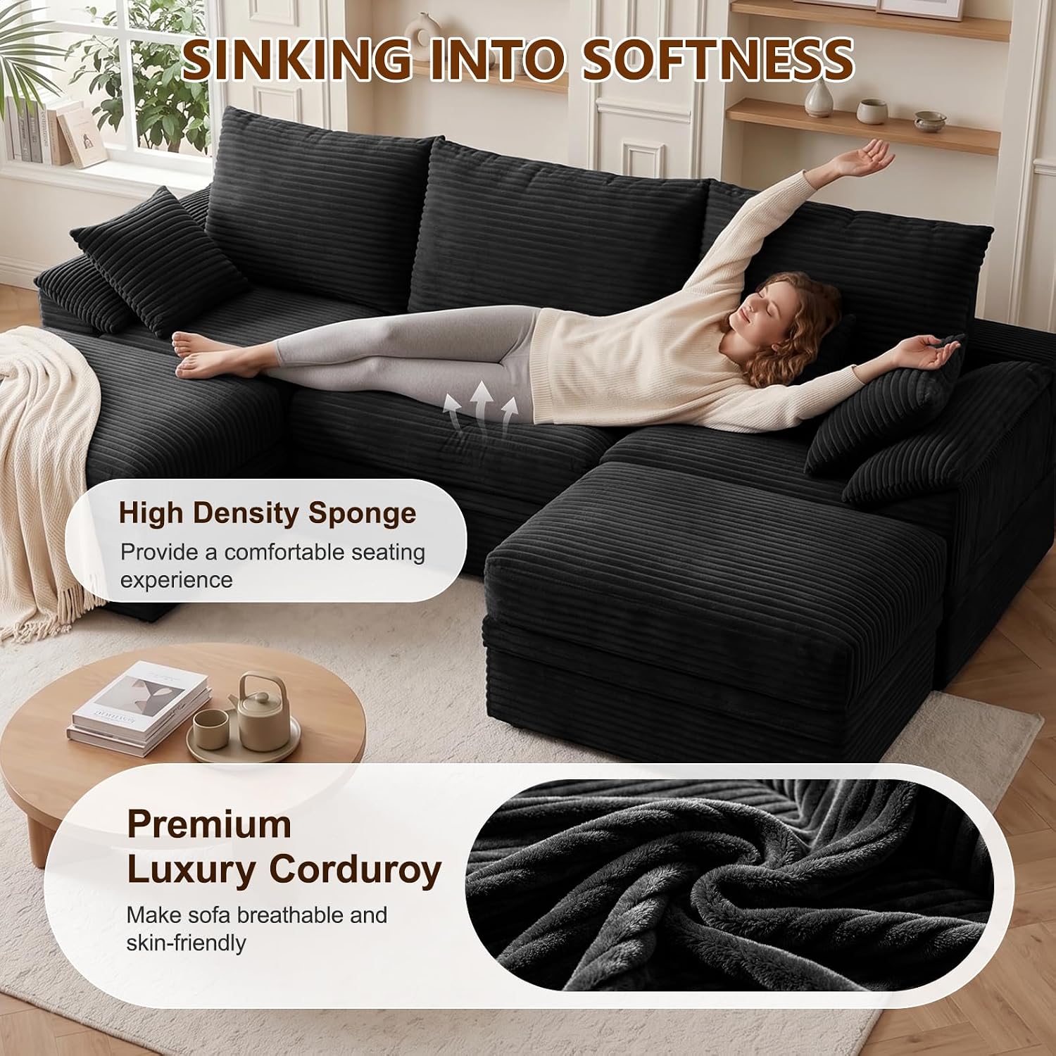 107" Modular Sectional Sofa Couch with Storage,U-Shape 3 Seat Comfy Modern Cloud Couch Sofa with Ottoman, 27" Deep Seat Corduroy Sofa for Living Room, Tool-Free Assembly - Black
