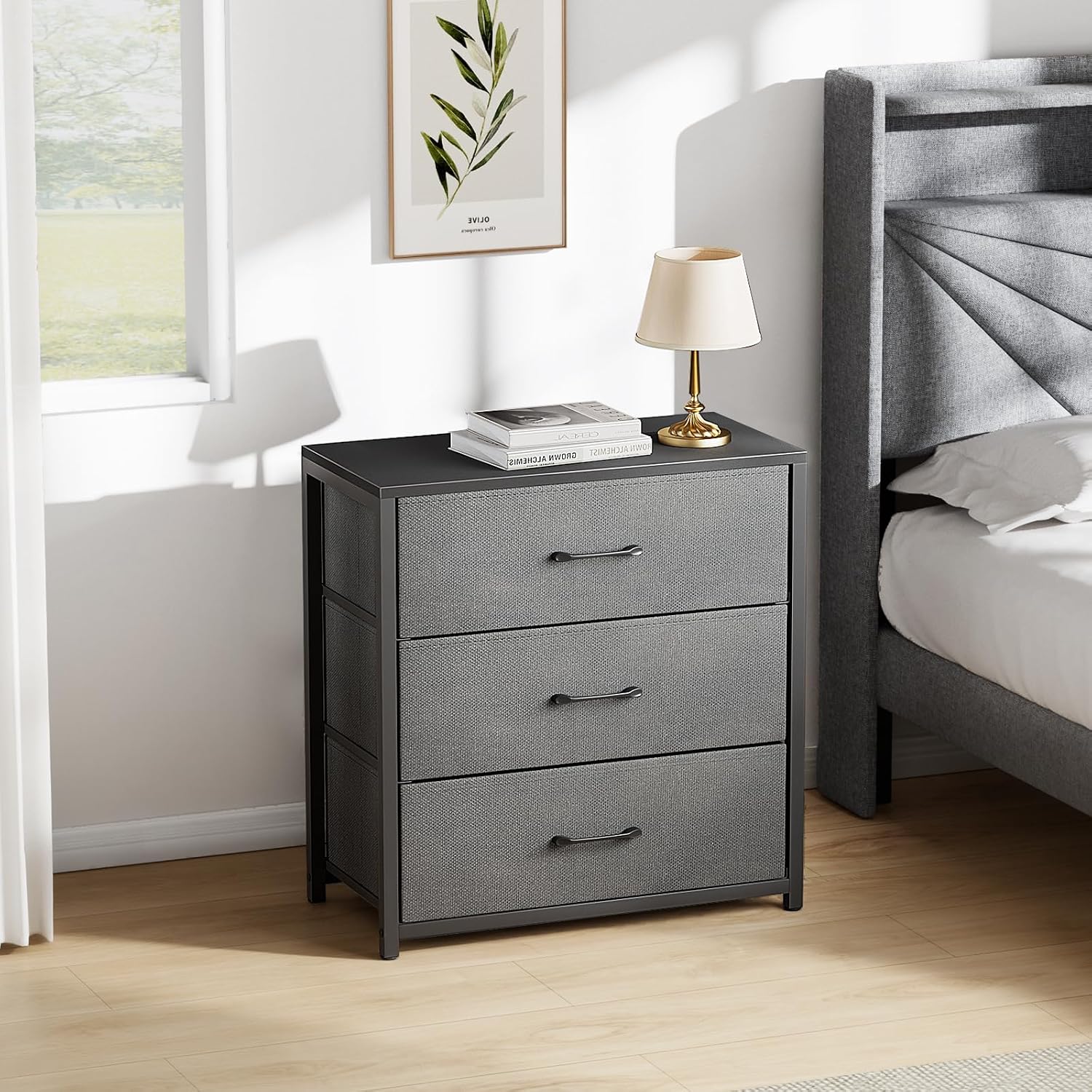 Memobarco Nightstand with 3 Fabric Drawers, Storage Dresser, Gray | Storage Drawers, side Table, End Table, Fabric Drawers, Wood Top, Metal Frame, Bedroom, Closet, Living Room