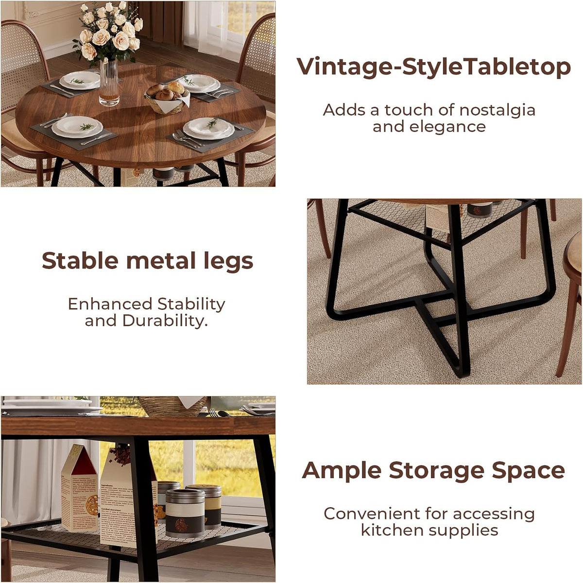 Round Dining Table for 4 People, 43.3 Inches Dining Room Table with Metal Base, Walnut Brown Dinner Tables with Open Storage, Circle Kitchen Tables for Dining Room(Table Only) (Walnut Brown)