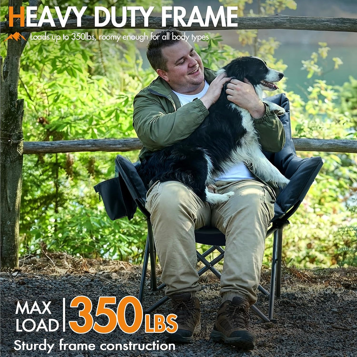 Portal 33" Oversized 2 Pack Padded Camping Chair - Heavy Duty Folding Chair with Cup Holder & Side Pocket, Supports 350 lbs, for Camping, Lawn, Sports, Black