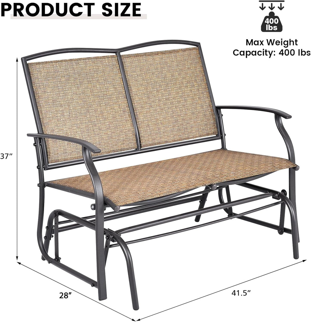 GIANTEX Patio Glider Benches for Outside, Swing Glider Chair w/Steel Frame | 400 LBS Capacity, Patio Swing Rocker, 2-Person Loveseat for Backyard, Poolside, Lawn, Balcony, Porch Glider Bench(Brown)