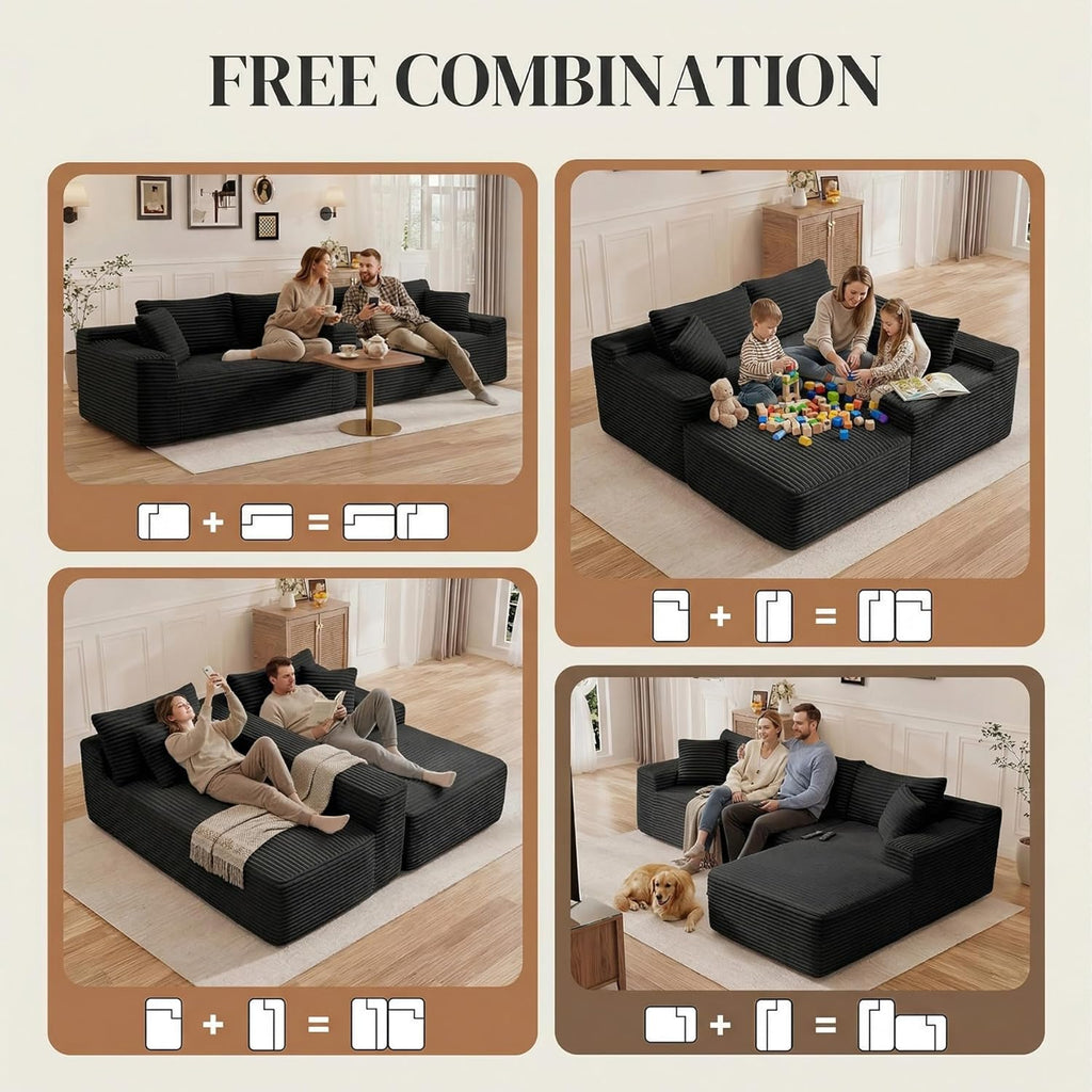 95" L Shaped Cloud Sectional Couches for Living Room, Modern Comfy Modular Deep Seat Memory Foam Compressed Corduroy Sofa Oversized Right Facing Chaise, No Assembly Required, Balck