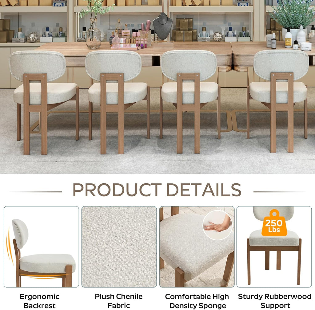 RGZ Mid Century Wooden Dining Chairs Set of 4, Modern Fabric Upholstered Beige Kitchen Chair with Curved Backrest, Farmhouse Dinner Chairs and Wood Frame Legs for Kitchen, Living Room, Home