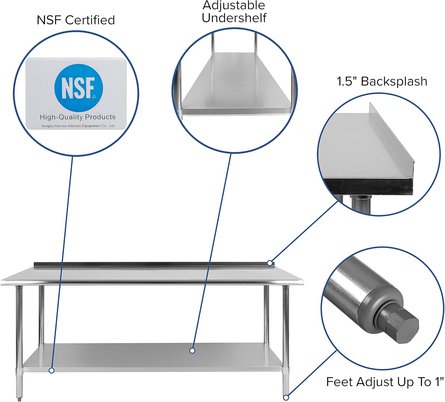 EMMA + OLIVER Stainless Steel 18 Gauge Kitchen Prep and Work Table with Backsplash and Shelf, NSF - 72" W x 30" D