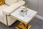SSLine Modern White Faux Marble End Table Luxury Square Sofa Side Table with Gold Pedestal Base Mid-Century Elegant Bedside Table w/Mirrored Stainless Steel Frame for Living Room Bedroom