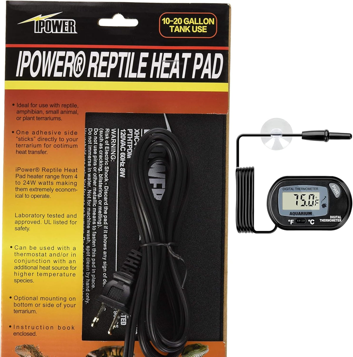 iPower 6 by 8-Inch 8W Reptile Heat Mat, LCD Digital Aquarium Thermometer, Under Tank Warmer Terrarium Heat Pad for Turtles Lizards Frogs and Other Small Animals