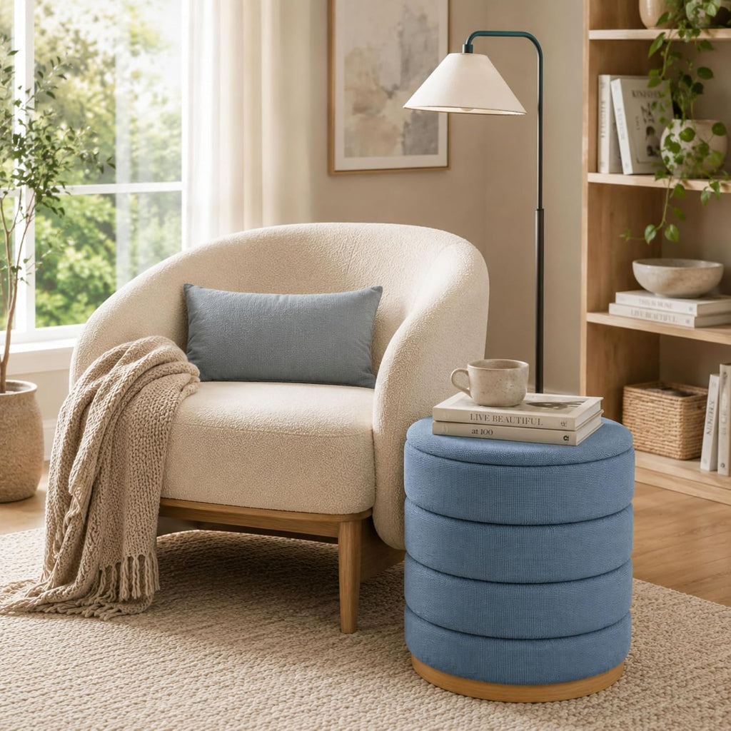 Linen Storage Ottoman Round Footrest with Hidden Storage, Light Blue 16" L X16 W X 17" H