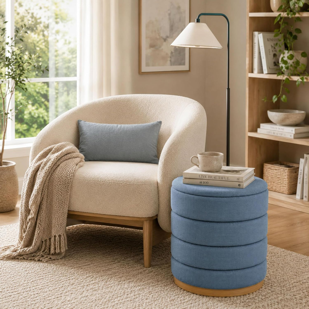 Linen Storage Ottoman Round Footrest with Hidden Storage, Light Blue 16" L X16 W X 17" H